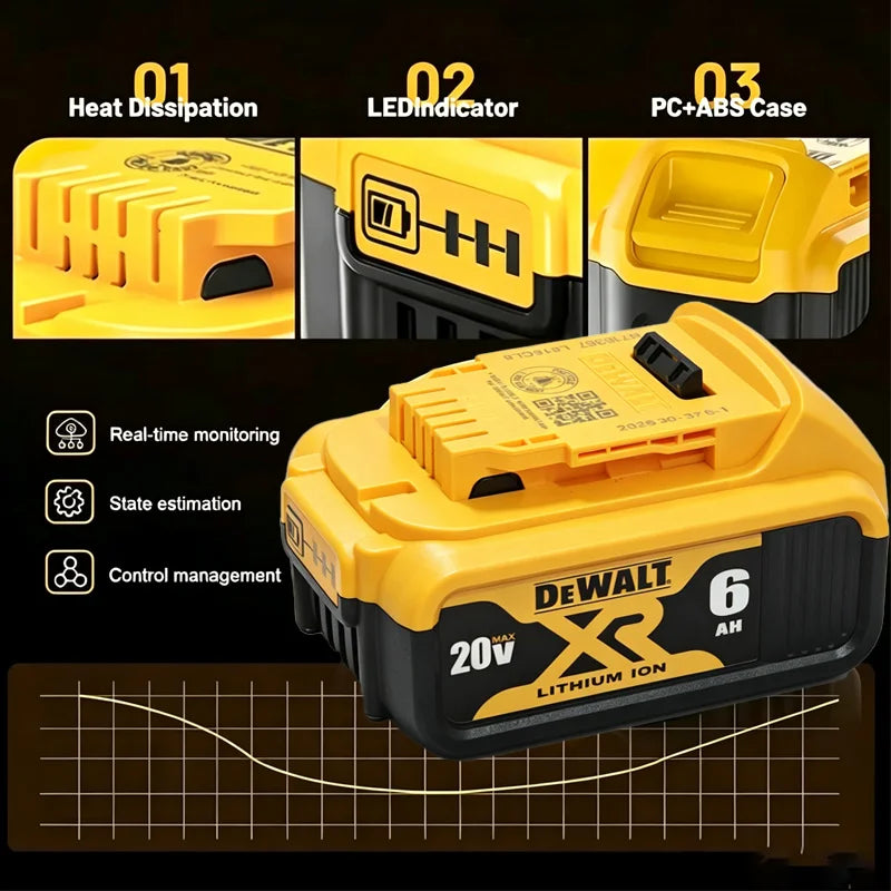 DeWalt 20V XR battery pack packaging, yellow and black, 6.0Ah highlighted