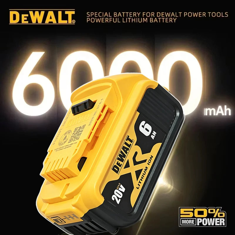 DEWALT 20V 6Ah battery detail close-up, black and yellow design