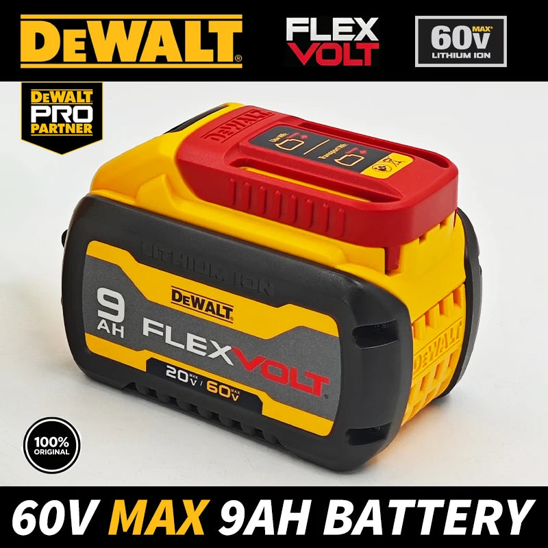 DEWALT 60V FlexVolt 9Ah battery front view, yellow-black design