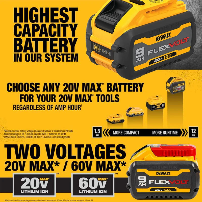 DEWALT 60V FlexVolt 9Ah battery specifications detail, yellow-black close-up