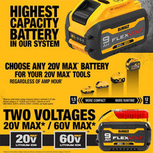 DEWALT 60V FlexVolt 9Ah battery specifications detail, yellow-black close-up