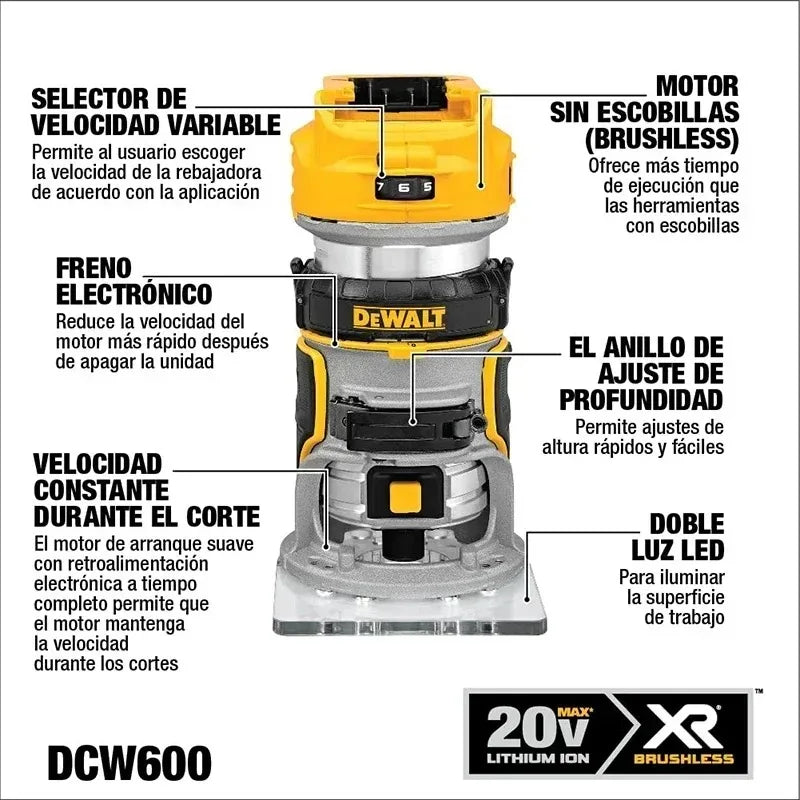DEWALT DCW600B router specifications detail in yellow and black