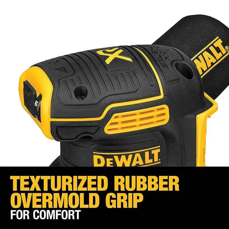 DEWALT DCW210 dust collection detail, yellow and black sander close-up