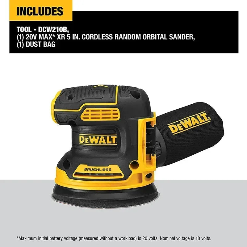 DEWALT DCW210 sander packaging shot, yellow and black with included battery
