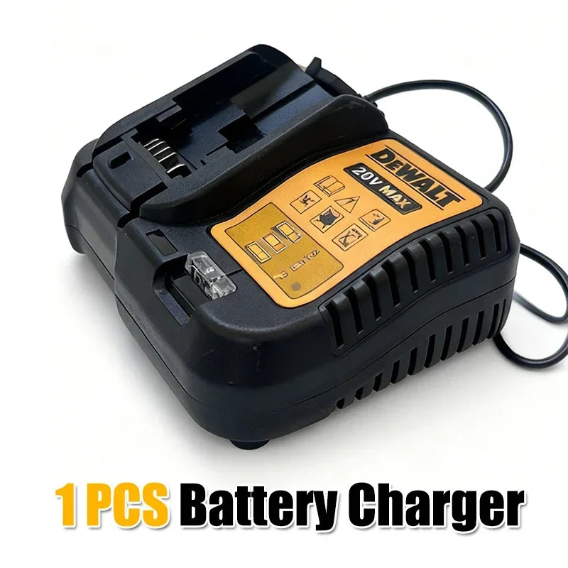 Dewalt battery charger with LED indicator in black and orange on white