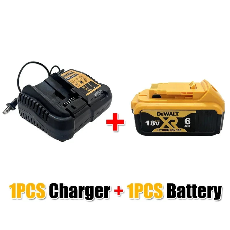 Dewalt DCF512 charger and battery, yellow and black set view