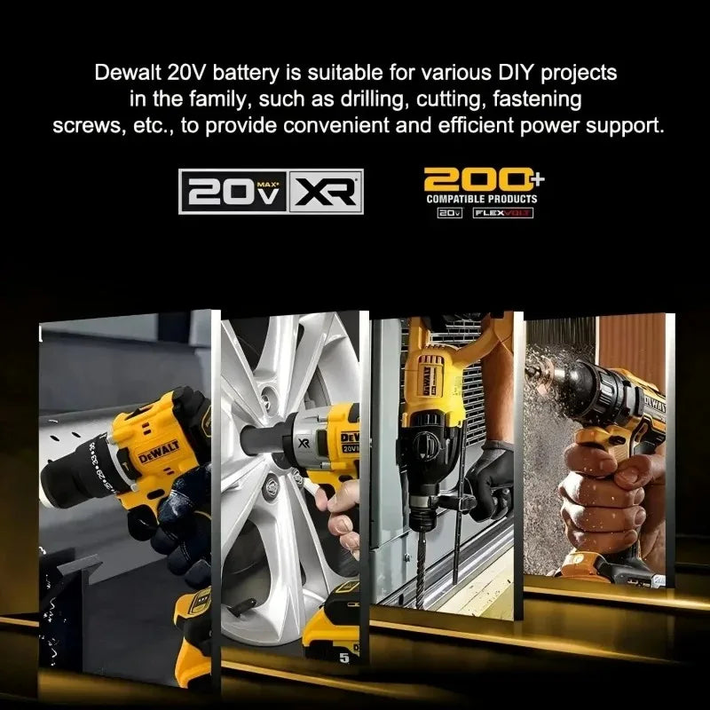 DEWALT 20V 6Ah battery lifestyle usage, yellow and black with tools