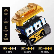DEWALT 20V 6Ah battery terminals detail, black and yellow with indicator lights