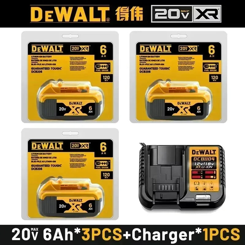 DEWALT 20V battery packs and charger packaging, yellow and black