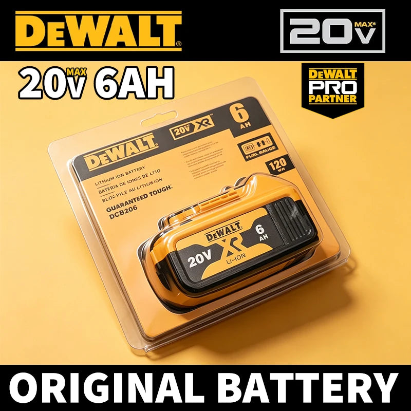 DEWALT 20V 6Ah battery packaging, yellow and black front view