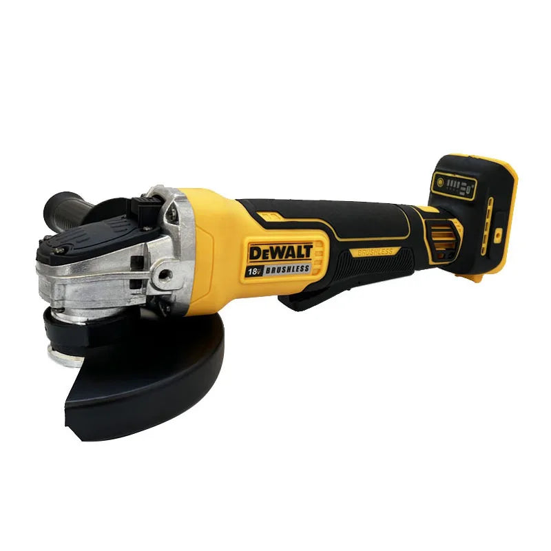 Dewalt DCG406 front view, 18V rechargeable yellow and black grinder