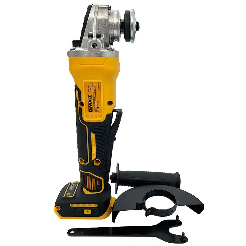 Dewalt DCG406 ergonomic grip detail, yellow and black cordless angle grinder