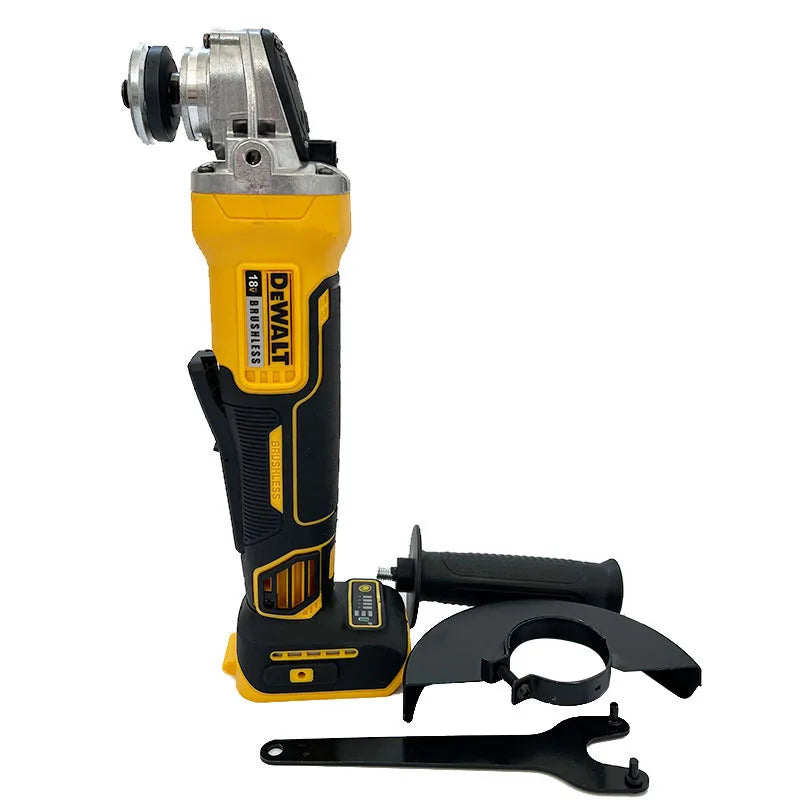 Dewalt DCG406 side view with included wrench, yellow and black