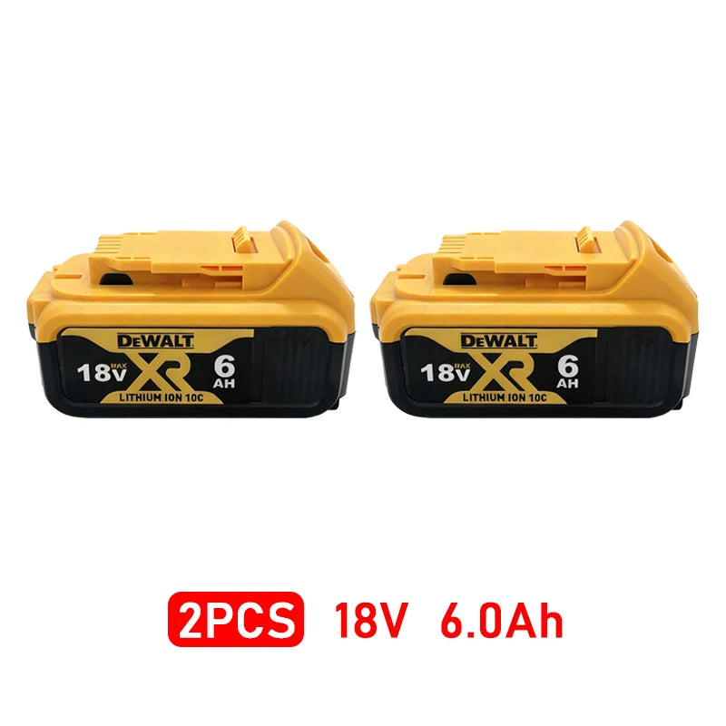 Dewalt DCG406 battery pack 2-pack detail, yellow 18V on solid background