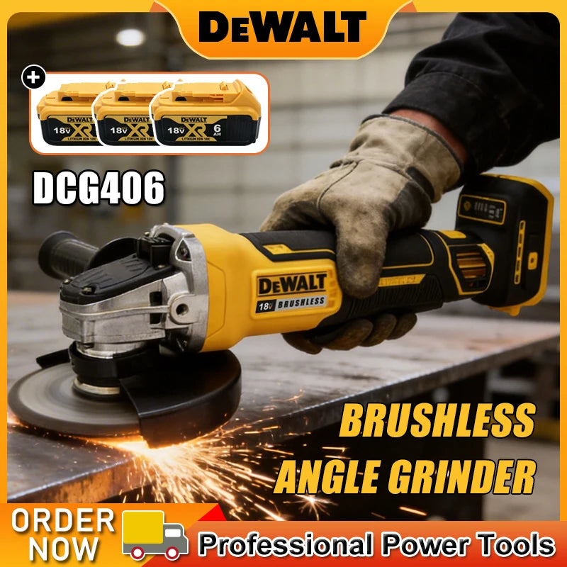Dewalt DCG406 lifestyle shot, yellow and black brushless angle grinder