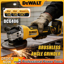 Dewalt DCG406 lifestyle shot, yellow and black brushless angle grinder