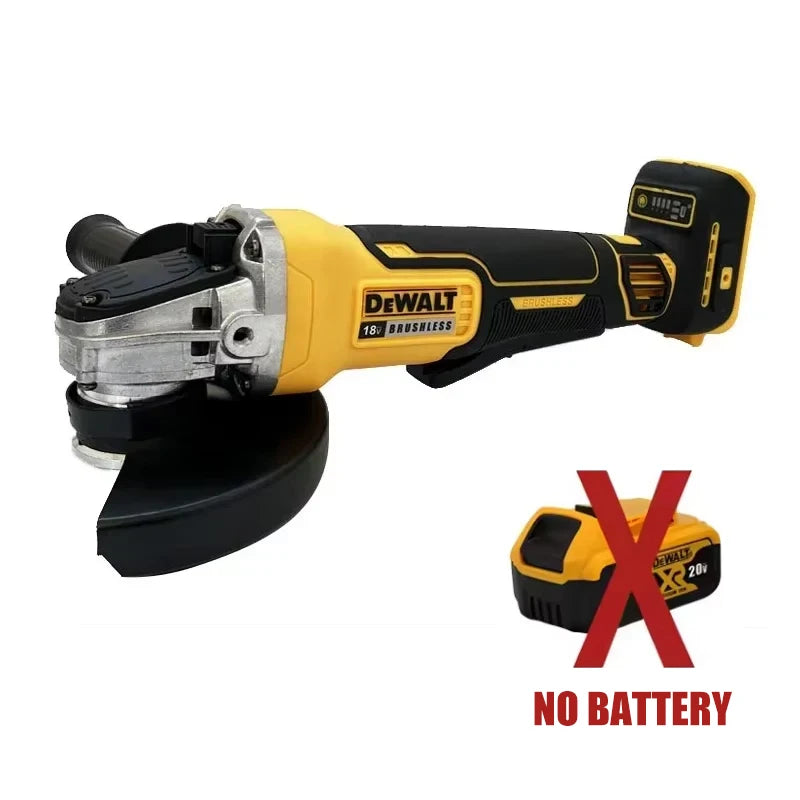 Dewalt DCG406 cordless angle grinder side view in yellow and black