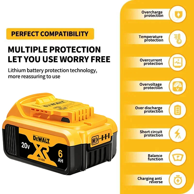 DEWALT 18V/20V battery protection features packaging, yellow and black