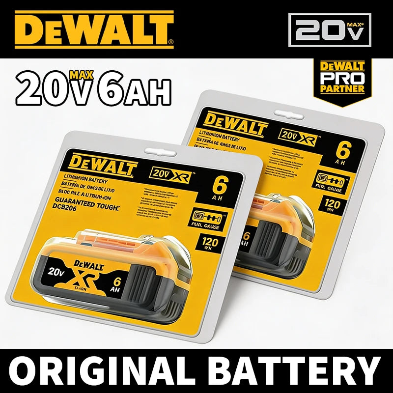 DEWALT 18V/20V battery pack packaging, yellow and black with 20V 6Ah