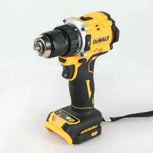 DEWALT DCD805 front view, chuck and battery pack on yellow and black drill