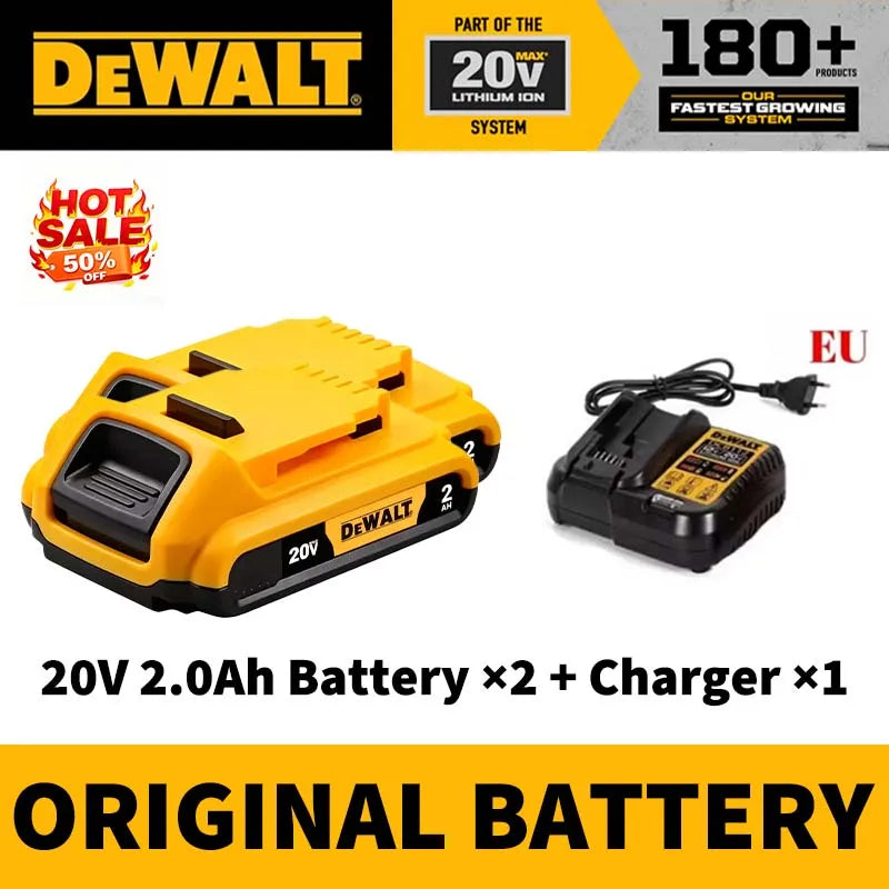 DEWALT 20V 2.0Ah battery with charger in yellow and black packaging