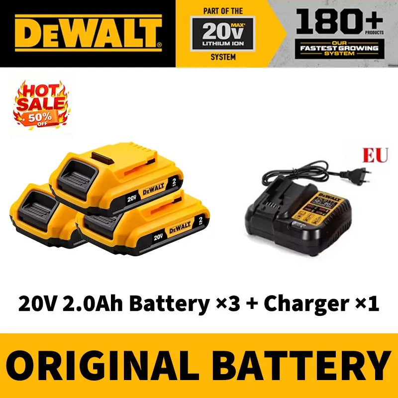DEWALT 20V 2Ah battery and charger in yellow and black packaging