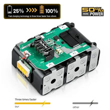 DEWALT battery circuit board detail, green and black close-up
