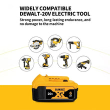 DEWALT 20V battery compatibility display, yellow black white, front view