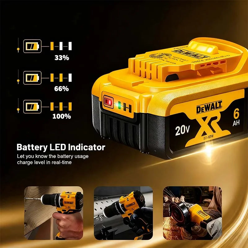 DEWALT 20V battery with LED indicator detail, yellow and black close-up