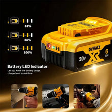 DEWALT 20V battery with LED indicator detail, yellow and black close-up