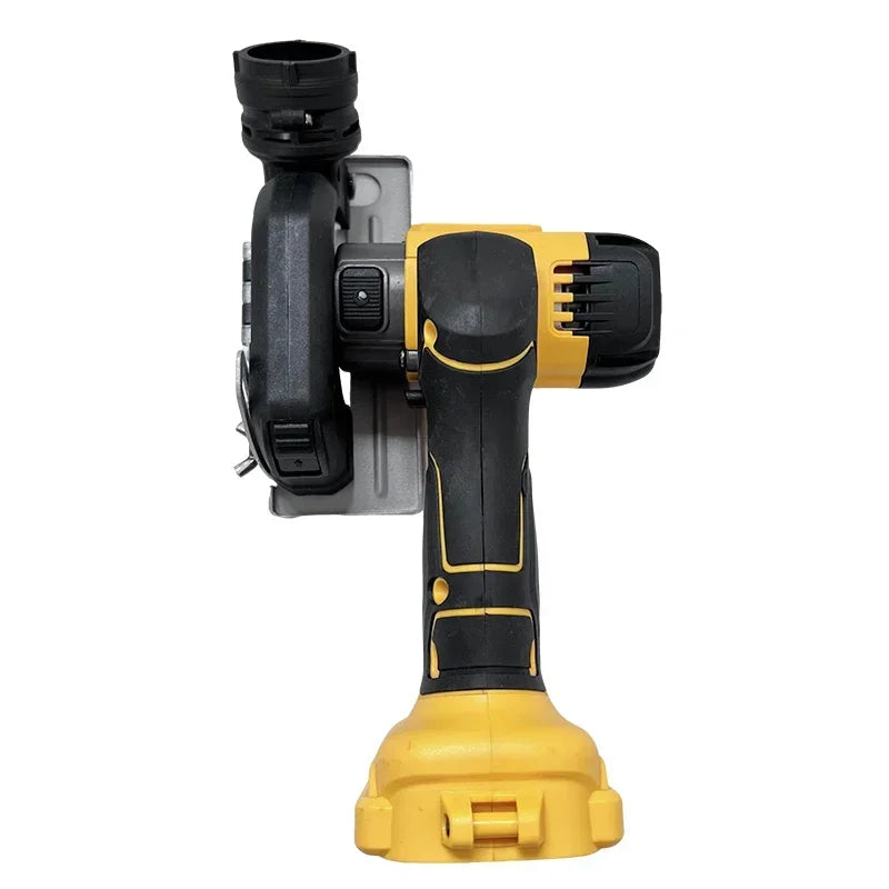 DeWalt cordless mini angle grinder side view with ergonomic handle and battery pack