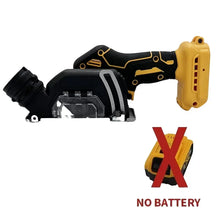 DeWalt cordless mini angle grinder side view with adjustable blade and battery pack