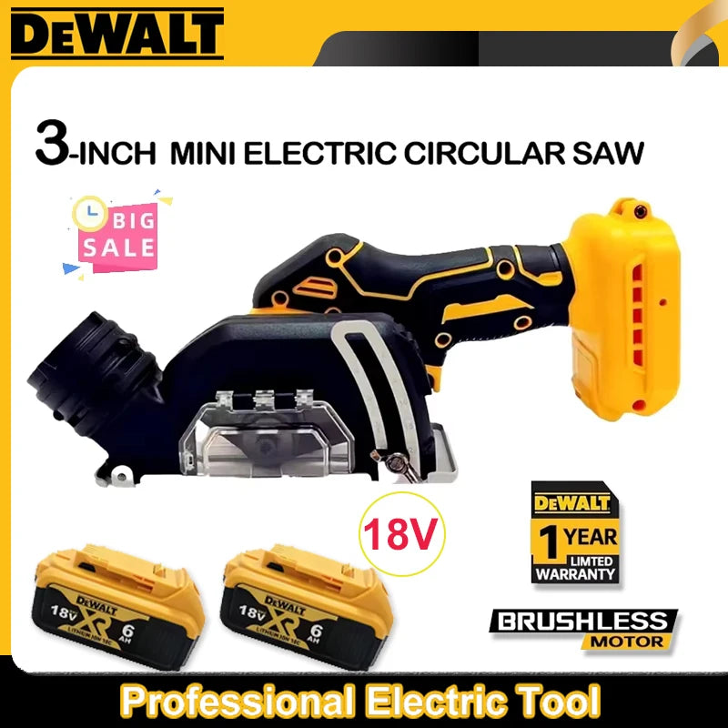 DeWalt mini angle grinder front view, black and yellow cordless tool