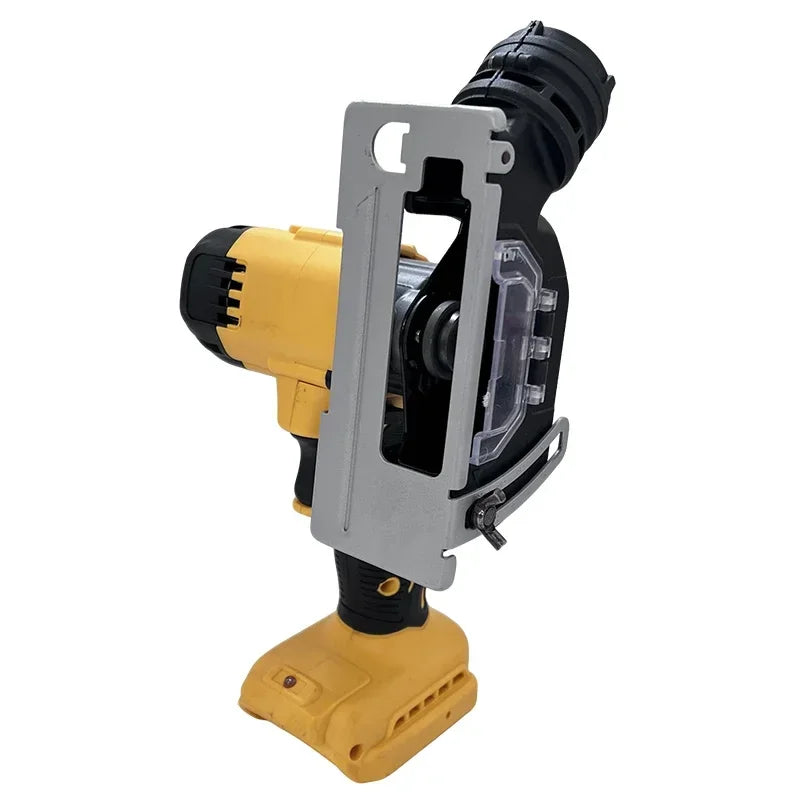 DeWalt mini angle grinder compact front view, black and yellow cordless tool