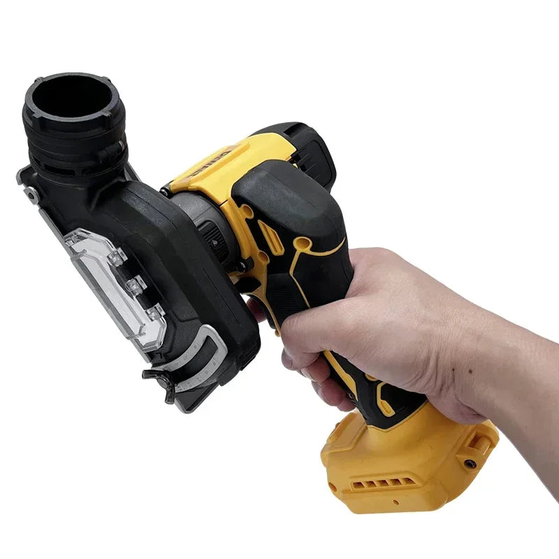 DeWalt mini angle grinder side view with handheld dust port, black and yellow