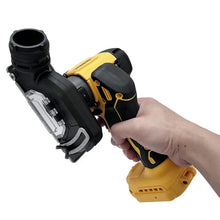 DeWalt mini angle grinder side view with handheld dust port, black and yellow