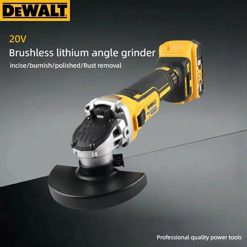 DEWALT DCG405 front view, yellow and black brushless flat-head grinder