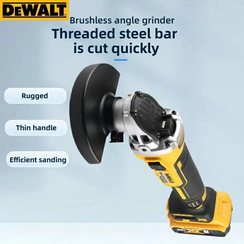 DEWALT DCG405 handle detail close-up, ergonomic grip in yellow and black