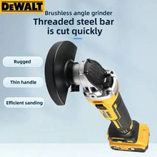 DEWALT DCG405 handle detail close-up, ergonomic grip in yellow and black
