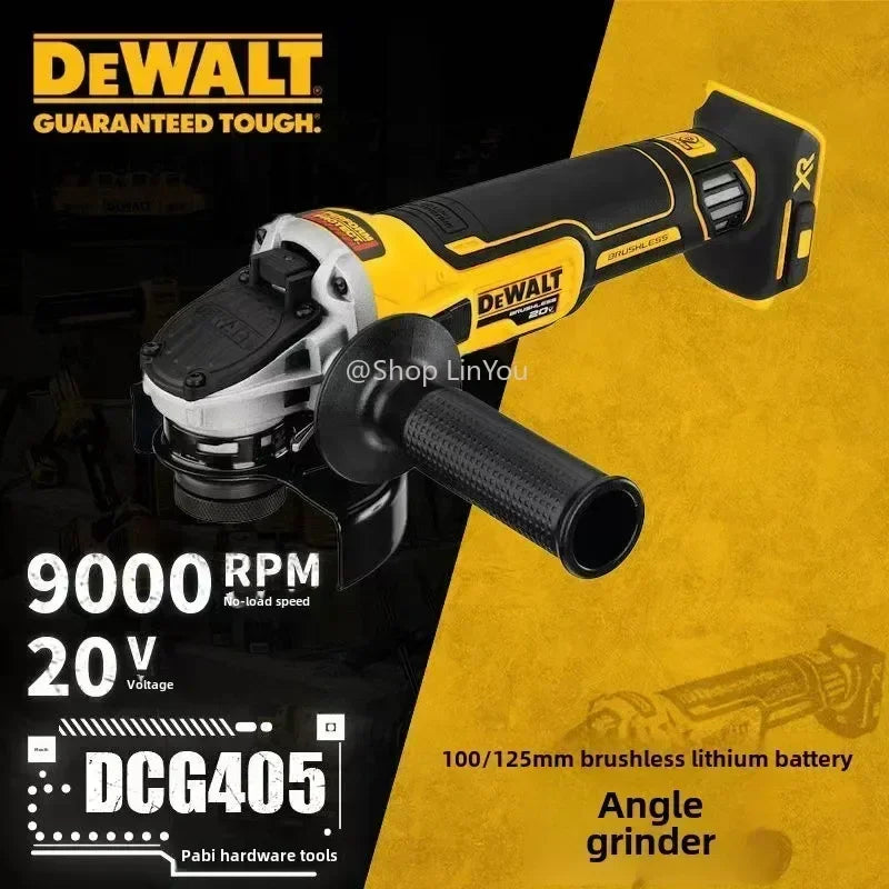 DEWALT DCG405 lifestyle shot, compact grinder highlighting 9000 RPM capability