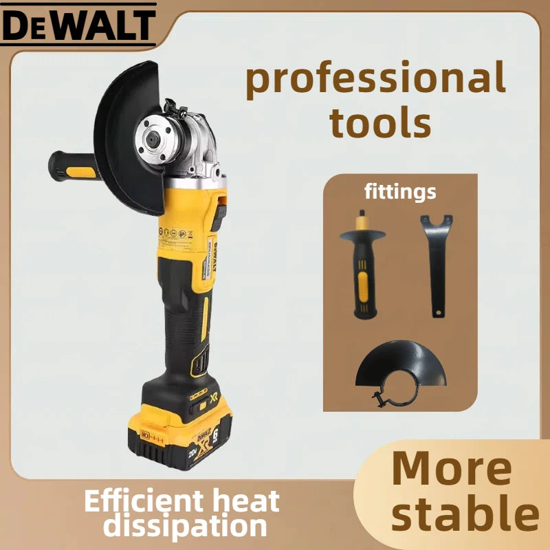 DEWALT DCG405 lifestyle shot, flat head brushless grinder with heat dissipation