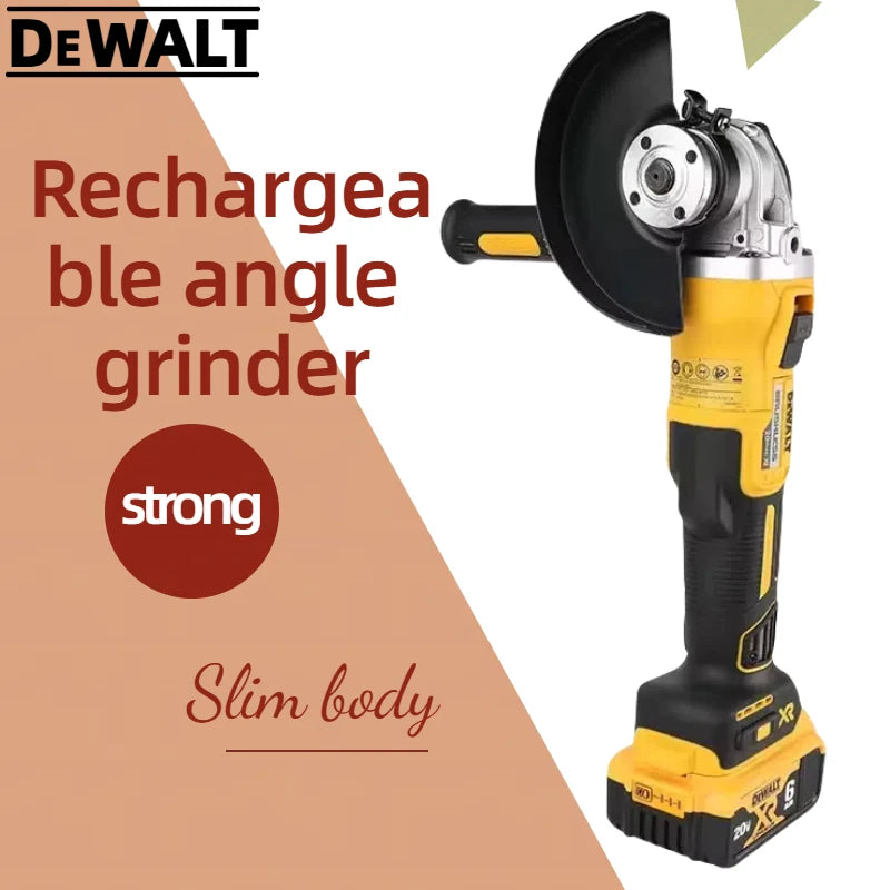 DEWALT DCG405 lifestyle shot, rechargeable design in yellow and black