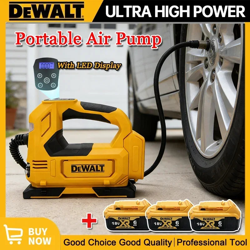 DeWALT portable tire inflator packaging, yellow and black with digital display