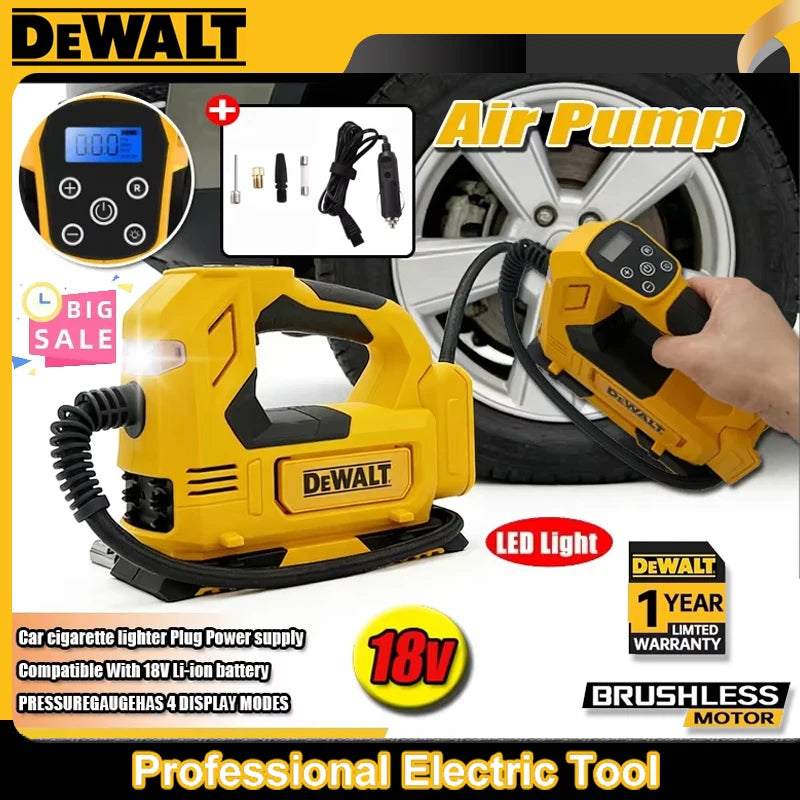 DeWALT tire inflator packaging, yellow and black with digital display