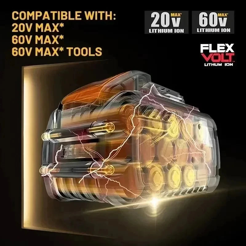 DEWALT DCB609 battery detail, yellow and black dual-voltage feature
