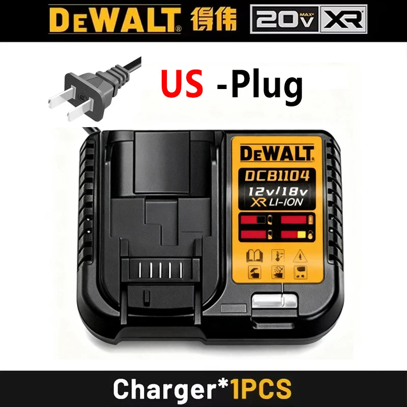 DEWALT battery charger detail, black and yellow with LED indicators