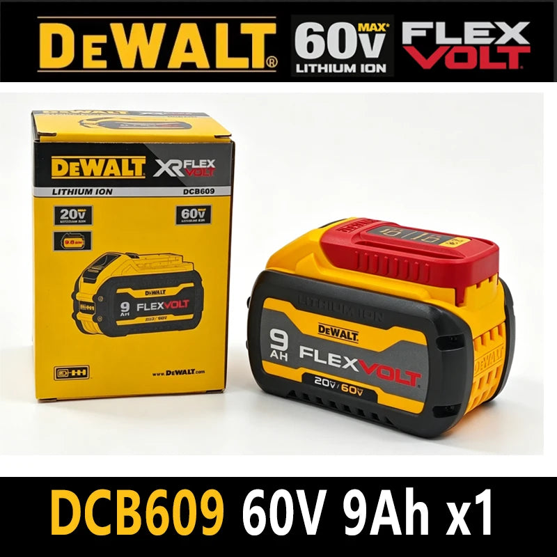 DEWALT DCB609 battery packaging, yellow and black with red accents
