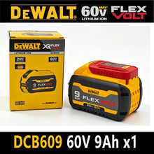 DEWALT DCB609 battery packaging, yellow and black with red accents
