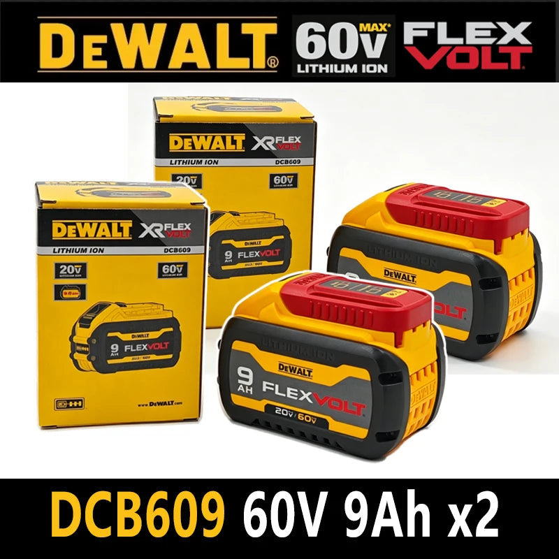 DEWALT DCB609 batteries packaging, yellow and black showing three units