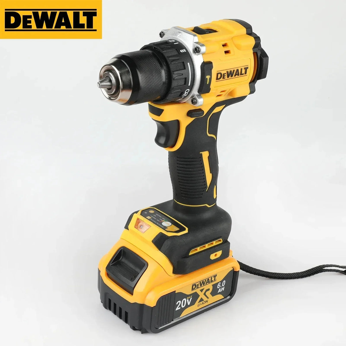 DEWALT DCD805 front view, yellow and black cordless brushless drill